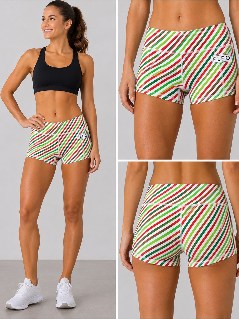 FLEO Candy Cane Stripe Booty Shorts XS Christmas Red Green Athletic